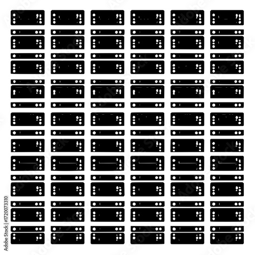 Arrangement of multiple black rectangular shapes with circular cutouts in a structured grid pattern
