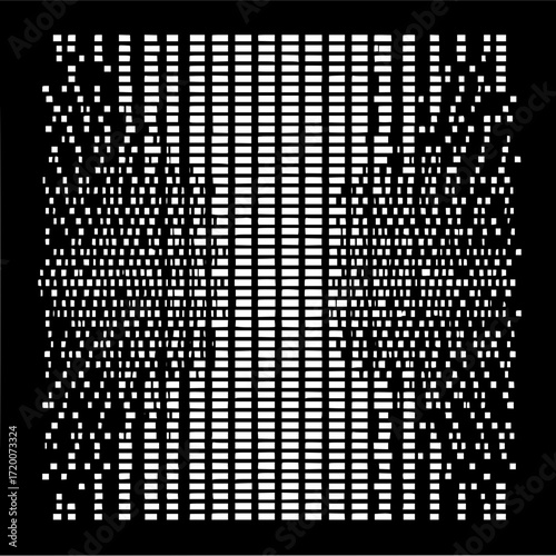 Abstract pattern of horizontal white rectangles on black background with varying density gradient effect