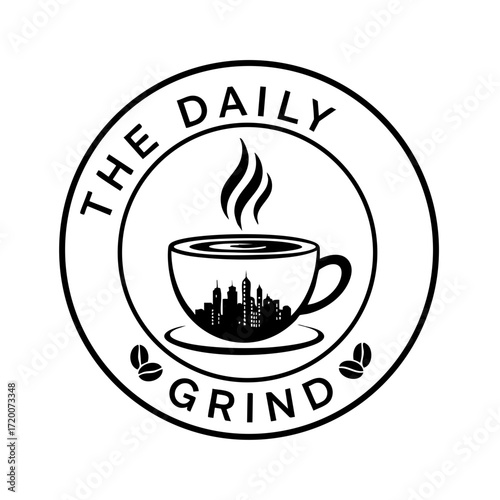 Coffee cup with steam and daily grind text circular logo design for coffee shop branding vector illustration
