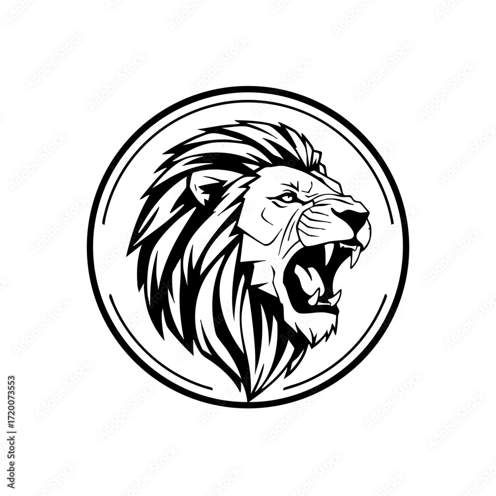 Fototapeta premium Roaring lion head emblem with detailed mane in circular frame vector illustration for bold design and wildlife themes