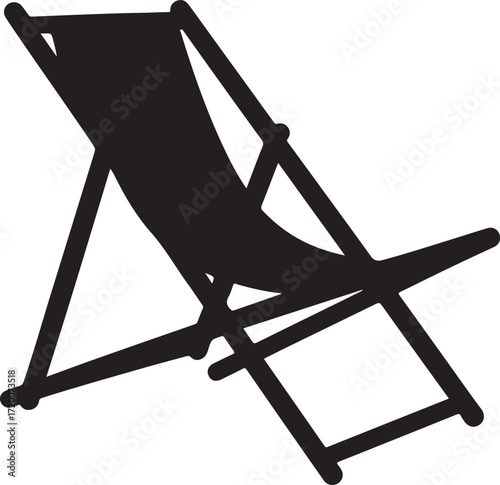 Black silhouette of a folding deck chair on a white background Keywords: deck chair, beach chair, lounge