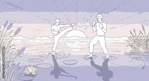 Martial artists practicing combat techniques on water surface with lily pads during sunset