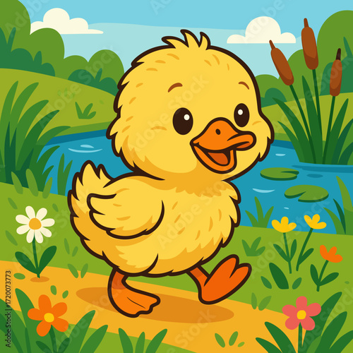 Cute yellow duckling walking happily by the pond, cheerful mood, in a colorful nature scene, copy space