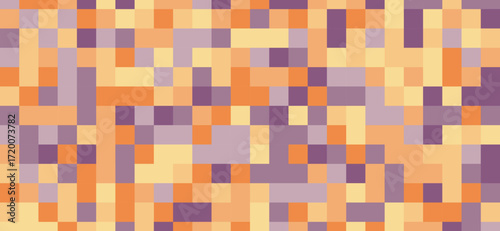This image showcases a mosaic of small squares in a pattern with varied shades of orange, light yellow, and muted purple, creating a pixelated and geometric background texture