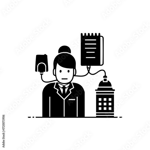 Businesswoman holding clipboard and calculator with office building and factory icons vector design