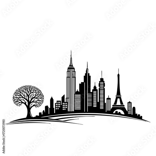 City skyline silhouette with iconic buildings and tree vector graphic design art illustration