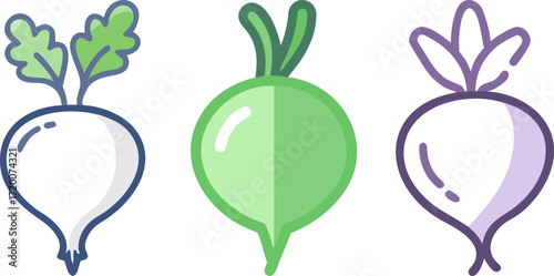 Stylized turnips in white, green, and purple with healthy looking leaves