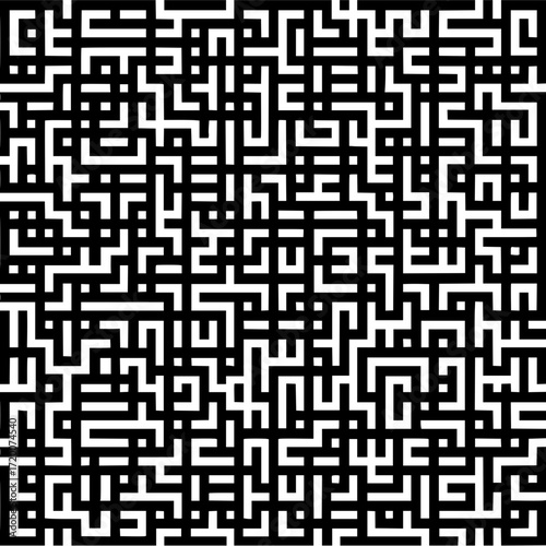 A complex black and white labyrinthine pattern with intricate interconnected pathways and geometric shapes design