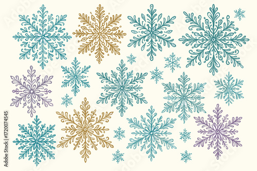 Decorative snowflakes in various colors and designs, wintery mood, in a whimsical style, copy space