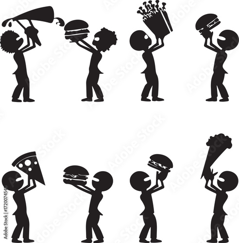 Collection of stylized human silhouettes holding various fast food items and drinks people hamburger