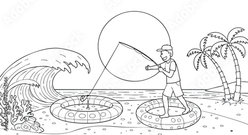 Summer Fun Boy Fishing on Inner Tubes Near the Ocean Waves, Palms and Sunshine