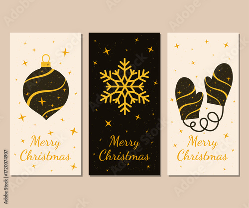 Minimalist Christmas Card Set with Cristmas toy, Mittends and Snowflake in Dark, Beige and Gold Colors. Modern Holiday Greeting Vector Arts