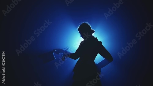 Gentleman silhouette gesture greeting, takes off top hat and puts it on head. fog dark city street night. person dressed in tailcoat, frock coat suit, black classic bowler hat 1800s vintage old style