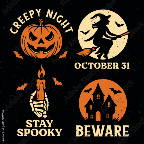 A collection of halloween items including a pumpkin and a witch - Vector design for printing. Good for poster, wallpaper, t-shirt, gift.