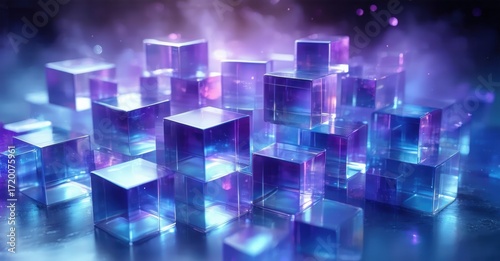 Abstract cubes glow, purple hues dominate scene. Reflections create depth, mysterious atmosphere prevails. Digital rendering, futuristic design.