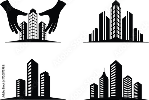 A vector logo set for the real estate and construction industry, this collection features modern city skyline icons for corporate property branding