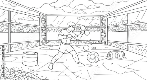 Boxer Training in the Ring A Black and White Illustration