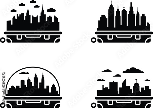 A conceptual icon set for city travel and tourism, this vector collection features modern skylines on a suitcase, perfect for vacation or business trips