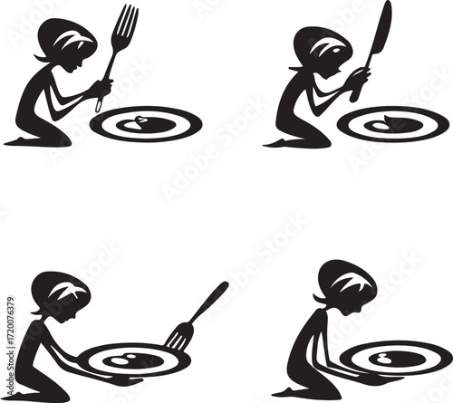 Silhouettes of People Kneeling with Plates and Cutlery on a White Background Keywords: silhouette, people, eating, dining, food, fork, knife, plate, meal, dinner, lunch, breakfast, restaurant
