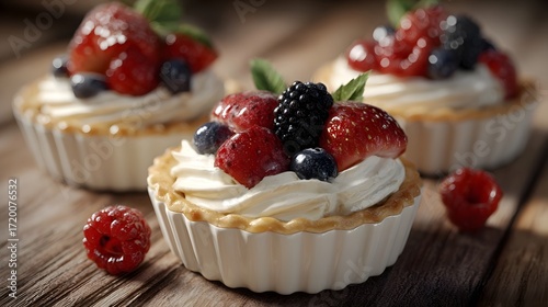 Wallpaper Mural Gourmet mini fruit tarts topped with fresh berries and whipped cream presented on a rustic wooden surface Torontodigital.ca