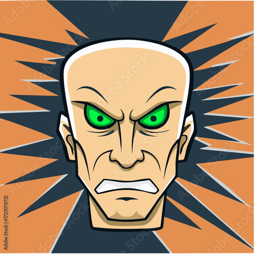 bold caricature of smiling caucasian man with neon green eyes & platinum spikes amid colorful orbit shards – editable svg vector for greeting cards & gift wrap