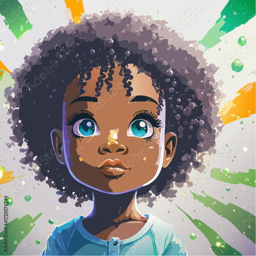 playful caricature of black child gazing upward with sapphire eyes & curly hair amid comic shards – vibrant svg vector for greeting cards & gift wrap