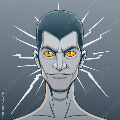 cheerful caricature of east asian man with neon orange eyes & electric blue topknot orbiting shards – editable svg vector for greeting cards & gift wrap