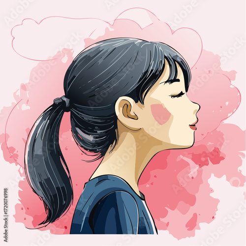 whimsical doodle-art child daydream portrait in peach & lavender – fun editable svg vector for greeting cards & gift wrap