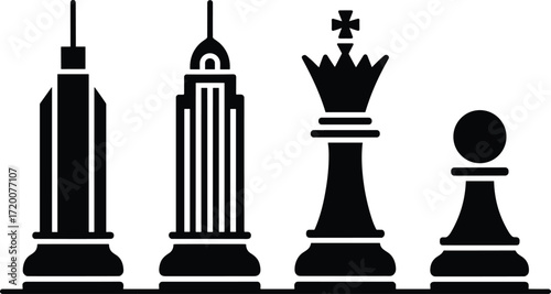 A conceptual vector icon of a city as a chess game, this illustration symbolizes corporate strategy, real estate power plays, and business competition