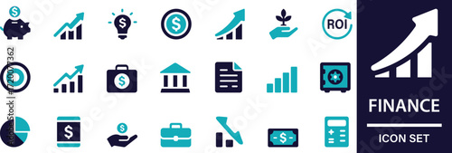 Modern finance vector set featuring money, banking, investment, and economy elements in clean outline and flat style. Perfect for fintech, accounting, budgeting, and business projects.