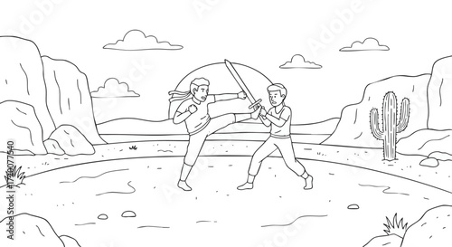 Duel in the Desert A Black and White Illustration of Combat Under the Sun