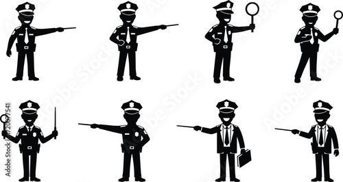 Police officer silhouettes, cartoon police poses, law enforcement illustration, black white drawing, investigation concept, pointing directing, magnifying glass, clipboard, baton