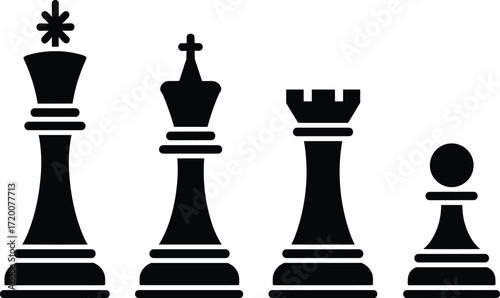 A vector silhouette icon set of chess pieces, this collection includes the king, queen, rook, and pawn for strategy or game concepts