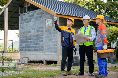 Three Asian construction workers inspect a house that is still under construction. The team points out roof details while the foreman holds rolled blueprints. Workers are wearing vests and helmets.