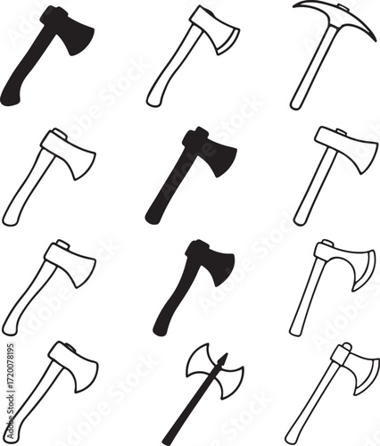 Grid of twelve black and white axe and pickaxe icons Keywords: axe, pickaxe, tool, weapon, chopping, cutting