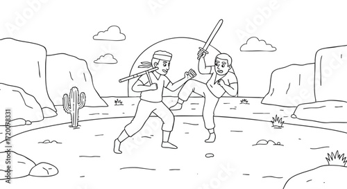 Desert Martial Arts Duel Two Fighters Engage in a Battle of Skill and Technique in the Sun