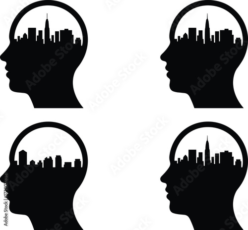 A conceptual icon set showing a city skyline inside a human head, this vector silhouette symbolizes urban thinking, planning, psychology, and ambition