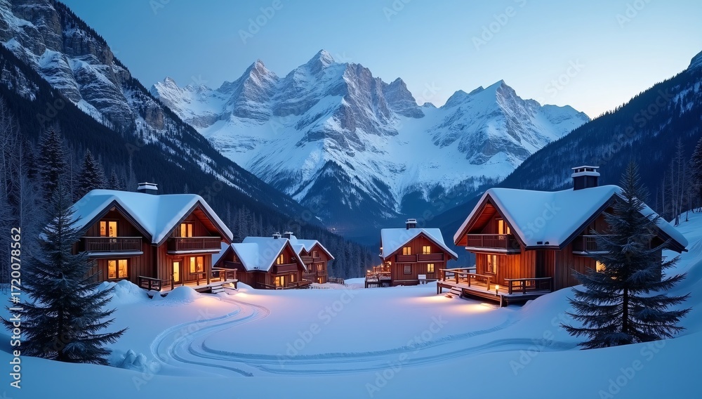 Fototapeta premium Snow-covered mountain cabins with glowing lights, set against majestic snow-capped peaks.