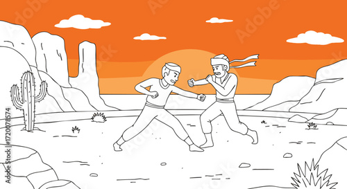 An action-packed line art illustration of two martial artists fighting a duel in a remote desert landscape at sunset
