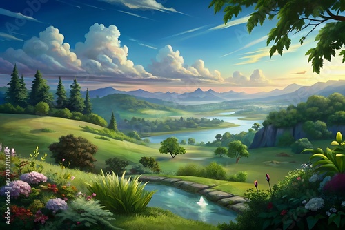 Enchanting pastoral landscape with rolling hills and a winding river at dawn