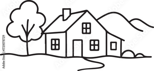 Line Drawing of a House with Trees and Hills Keywords: house, home, building, trees, hills, mountains