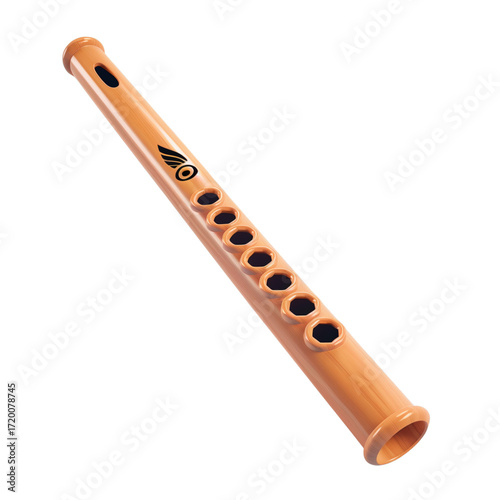 3D Render of Wooden Recorder Flute with Finger Holes on Transparent Background
