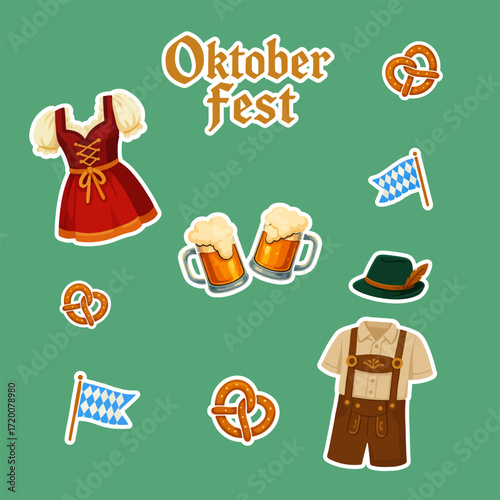 Oktoberfest traditional symbols set with beer, pretzels, Bavarian clothes and flags. Flat cartoon illustration isolated on transparent background