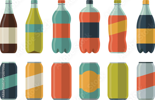 Vector Set of Colorful Soda Pop Bottles and Cans