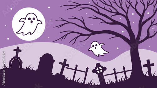 Spooky halloween night with ghosts flying over a graveyard under a full moon vector background
