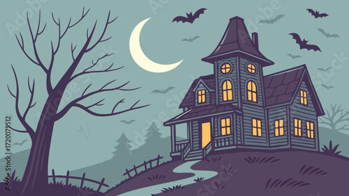 Haunted house on a hill under a crescent moon with bats flying in the dark night sky vector background