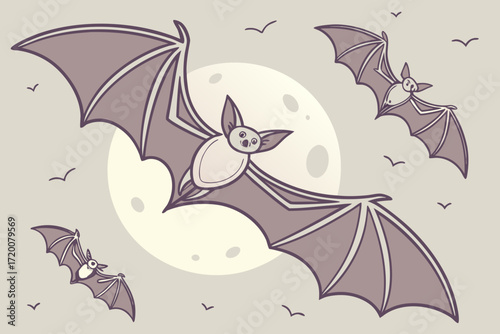 Bats flying in front of a full moon, spooky halloween night scene illustration vector background