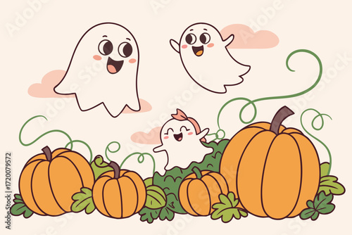 Cute cartoon ghosts and pumpkins, happy halloween illustration with clouds vector background