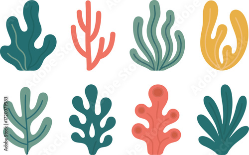 Set of Colorful Stylized Seaweed and Coral Underwater Plant Illustrations