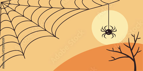 Halloween spider on a web with a full moon and bare tree branches in orange sky vector background